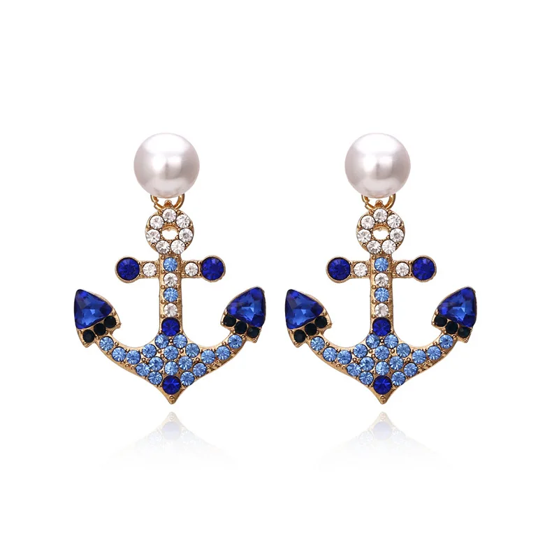 

Anchor Earrings Blue Pearl Earrings Nautical Outfits for Women Rhinestone Pearl Earrings Nautical Jewelry Yacht Accessories