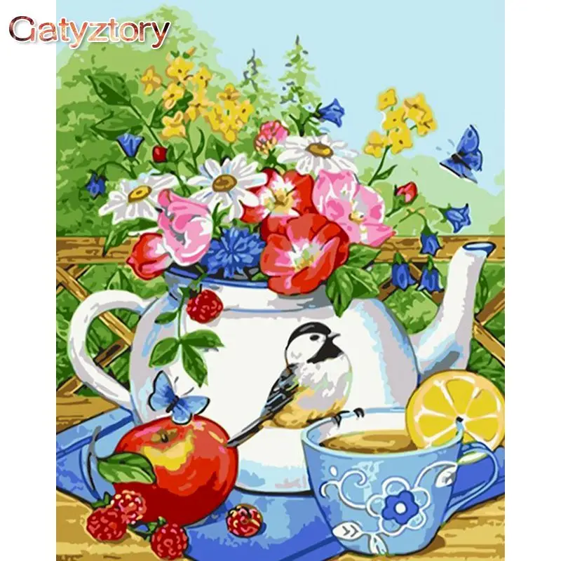 

GATYZTORY Oil Painting By Numbers Paint Set Kettle Flowers Artwork For Adults Pictures Coloring Diy Crafts For Adults Kids