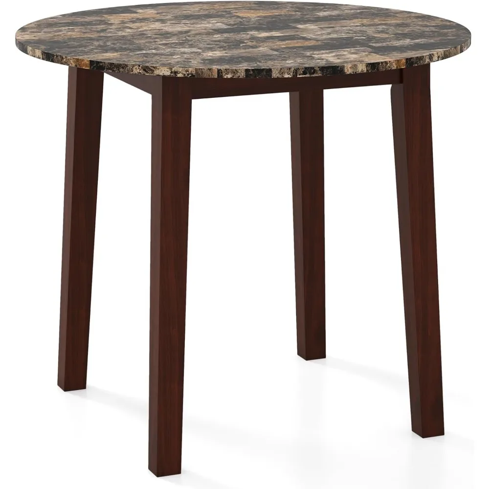 

35” Round Dining Table with Rubber Wood Legs, Marble-Textured Veneer Tabletop, Leisure Kitchen Table for 2 to 4 Person,