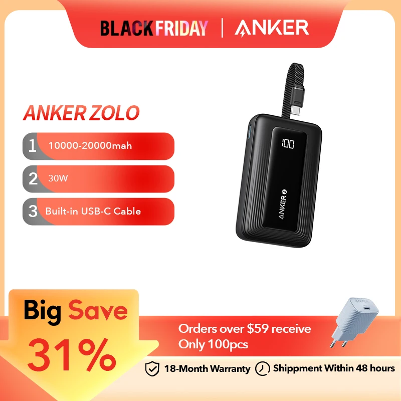 Anker Zolo Power Bank, 10,000mAh 30W Portable Charger,Built-in USB-C Cable for Travel, Fast Charging,for iPhone 16/15 Series