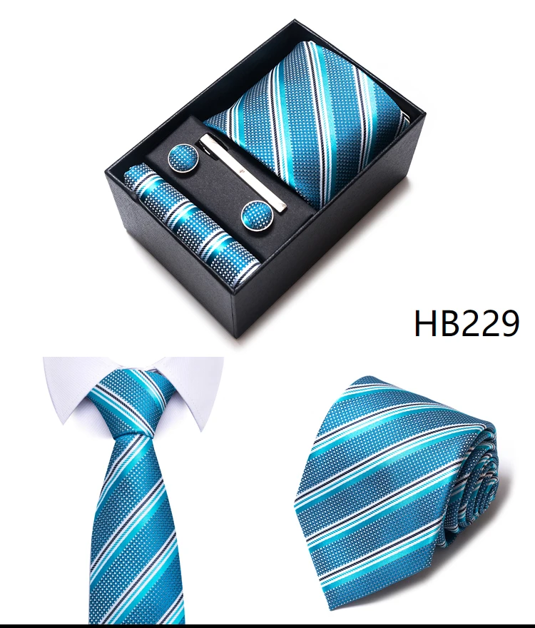Krawatte Taschentuch Manschettenknopf Set für Männer Krawatte Urlaub Geschenkbox Blau Gold Anzug Zubehör Schlanke Hochzeit Gravatas – Detail 35