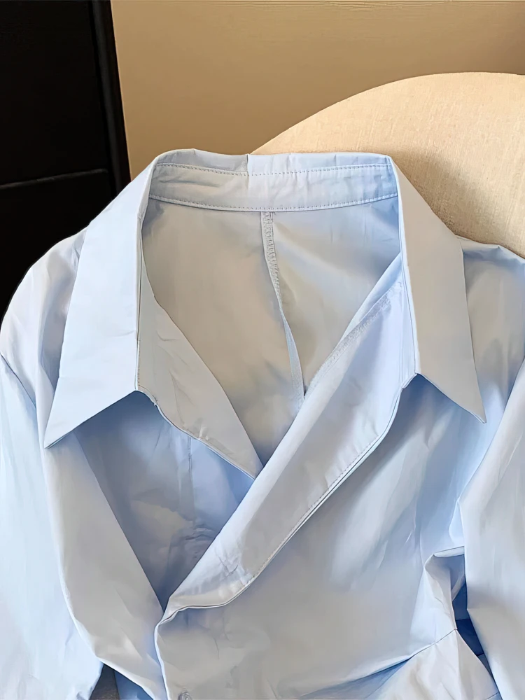 Camisa de manga longa irregular para mulheres túnica branco azul elegante gola virada para baixo blusa superior senhoras moda camisas de trabalho