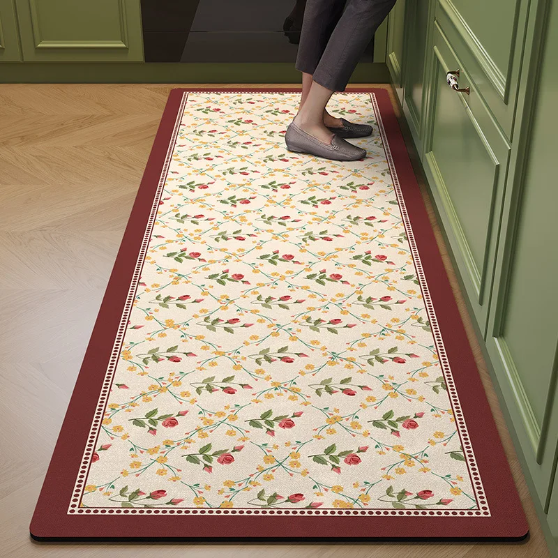 Carpet for Kitchen Floor Mat Pvc Leather Waterproof Non-slip Long Rug Oil-proof Foot Mats Pink Flower Home Decoration Rugs