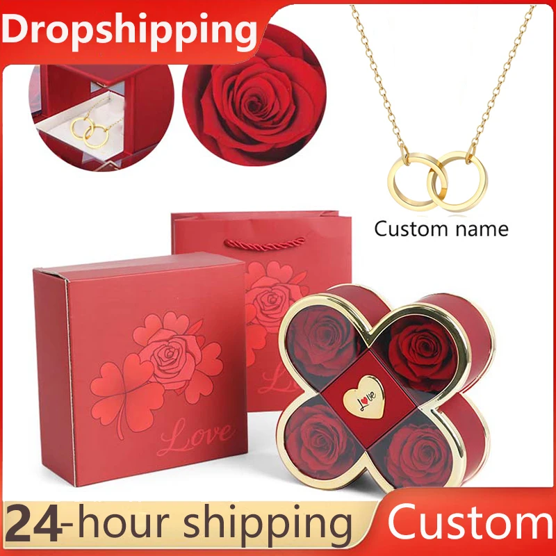 

4-Leaf Clover Eternal Roses Jewelry Box Custom Name Necklace Romantic Anniversary Valentine's Day Mother's Day Gift for Her Wife