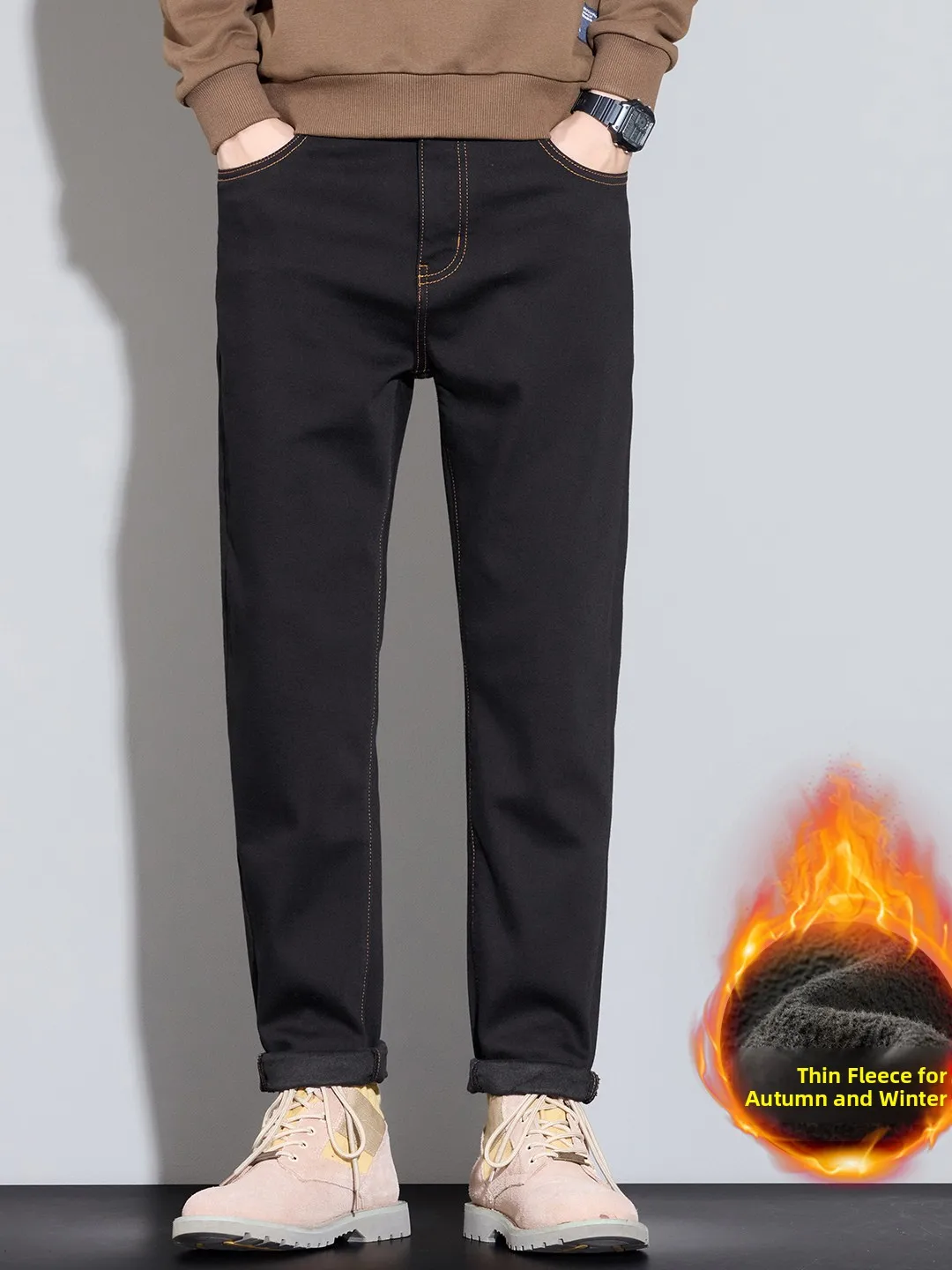 

High-End Men's Fce-Lined Thi Denim Jeans Casual Slim Fit Autumn Winter Warm Thin Fce Comfortable Stretch Long Pants