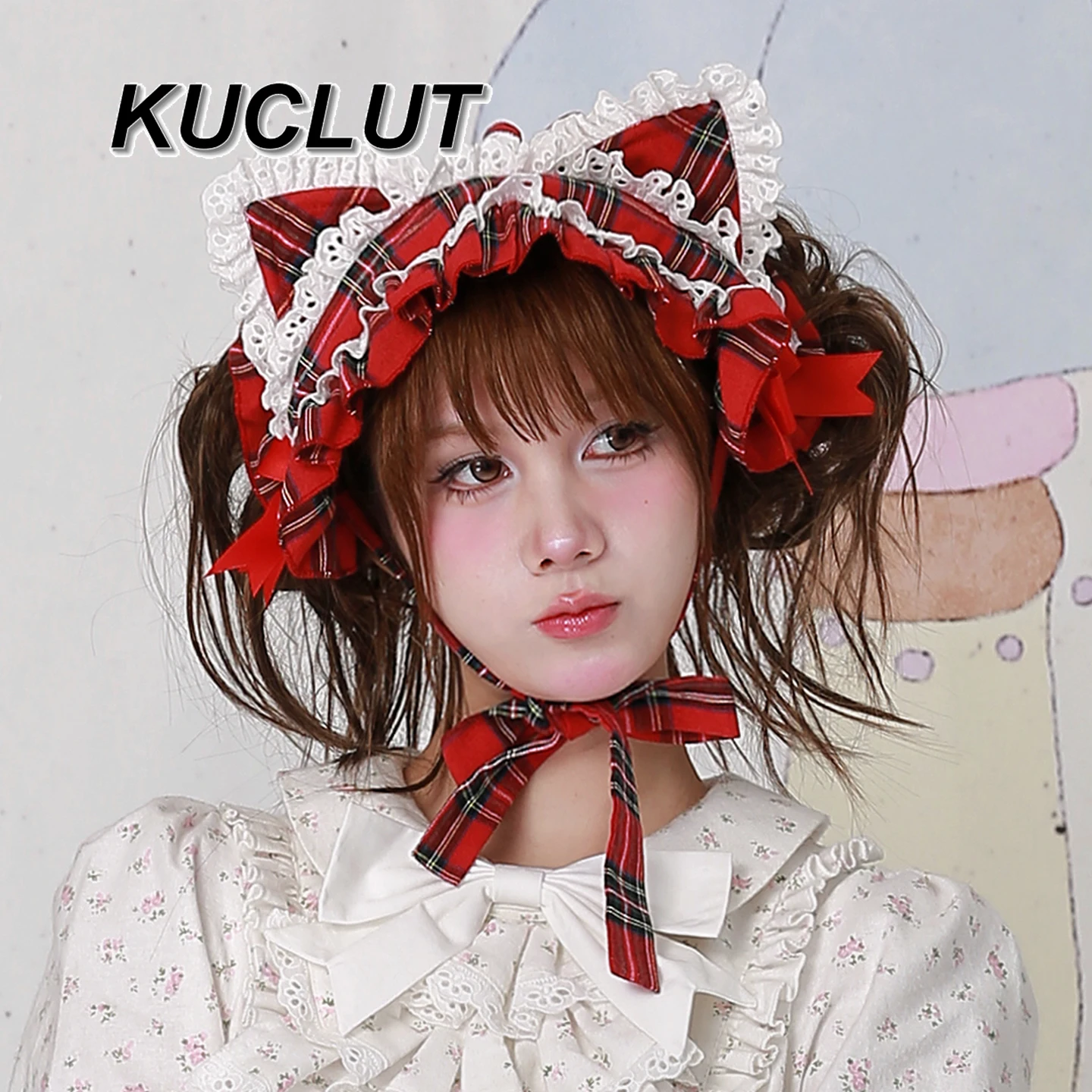 

Original Lolita Cosplay Accessories Japanese Style Christmas Red Plaid Cute Cat Ear Headband Vintage Girl Hair Accessory