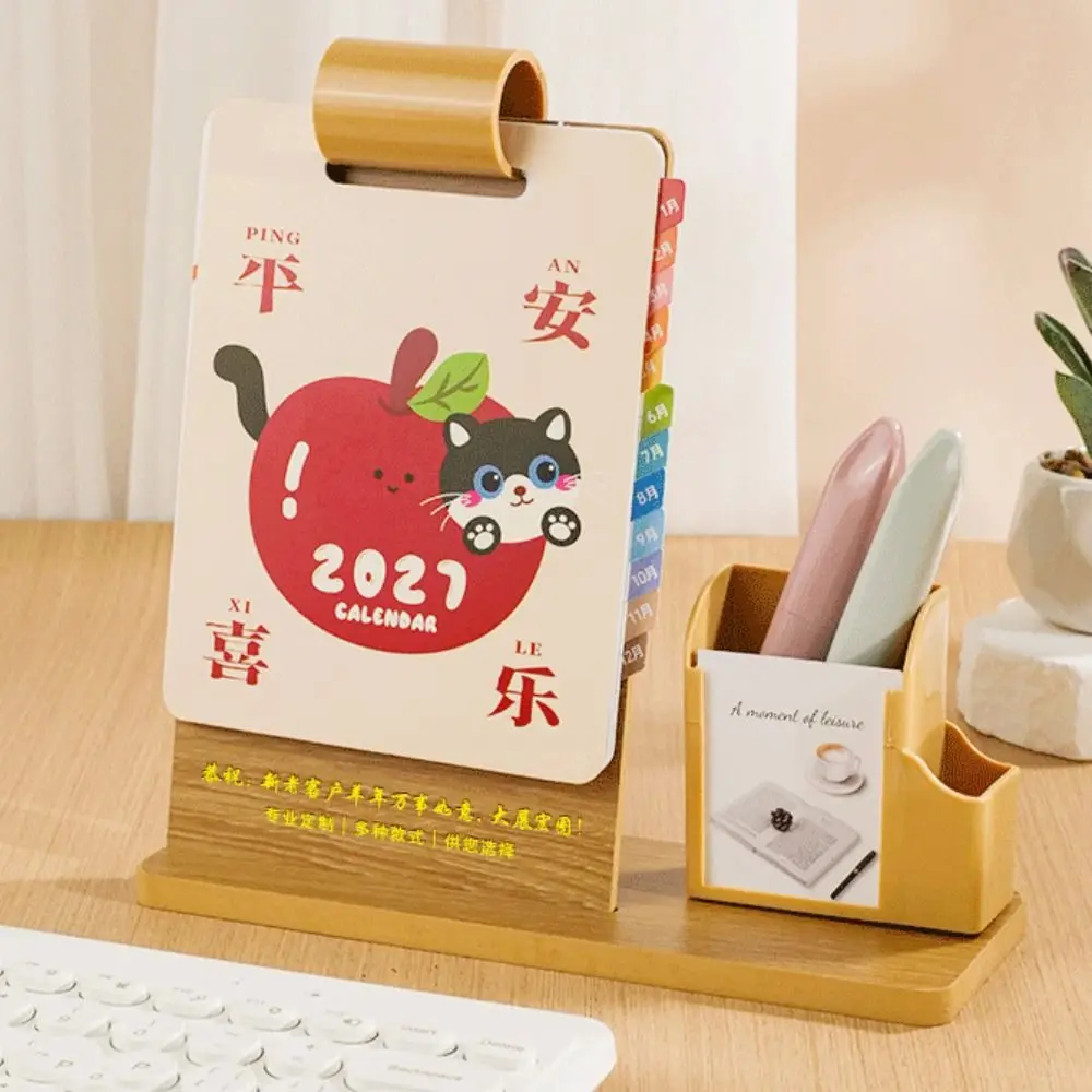 Practical Wood 2027 Desk Calendar Multifunctional Creative 2027 Calendar Organizer Pen Holder Desktop Planner Stand Office Use