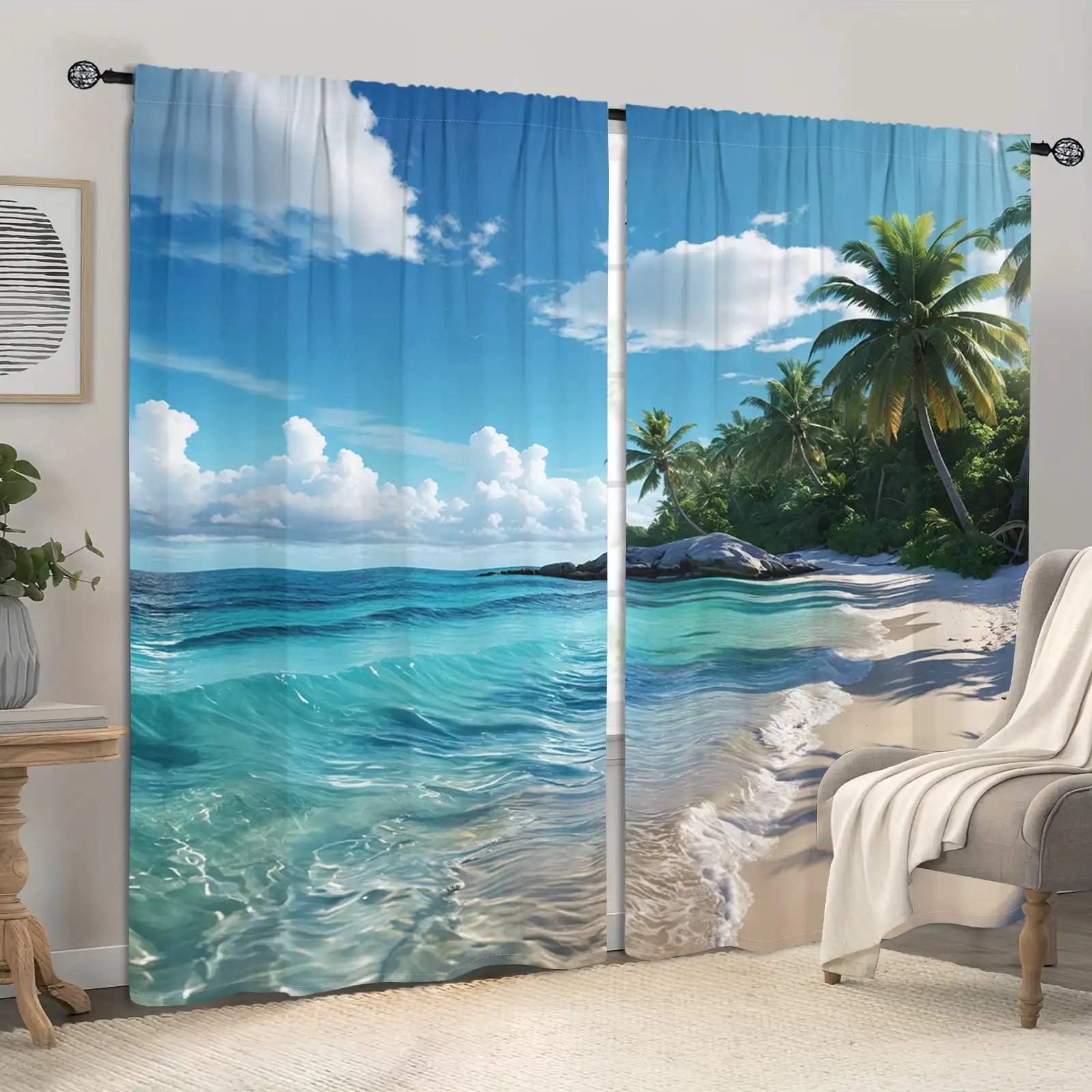 2pcs Curtains Peach Skin Polyester Island Scenery Blue Sea Sky Beach Print Light Filtering Living Room Bedroom Office Decor