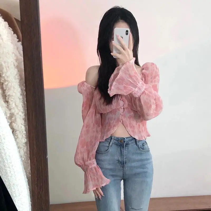 Floral Puff Sleeve Summer Blouse for Women Trends Fashion Cool Chiffon Youth Women\'s Buttoned Shirts Casual Sexy Beautiful Top