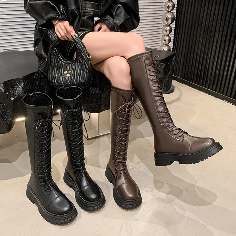 الشقق منصة النساء حذاء برقبة للركبة أحذية الدانتيل الشتاء موضة الدافئة الثلوج بوتاس 2025 تشغيل أحذية مشي تشيلسي الأحذية Mujer