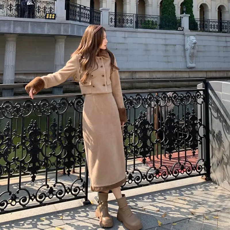 Korea Women Skirt Suit Two-Piece Set Cashmere Tweed Plush Splicing Long Sleeve Short Blazer Coat Elegant High Waist Half Skirt