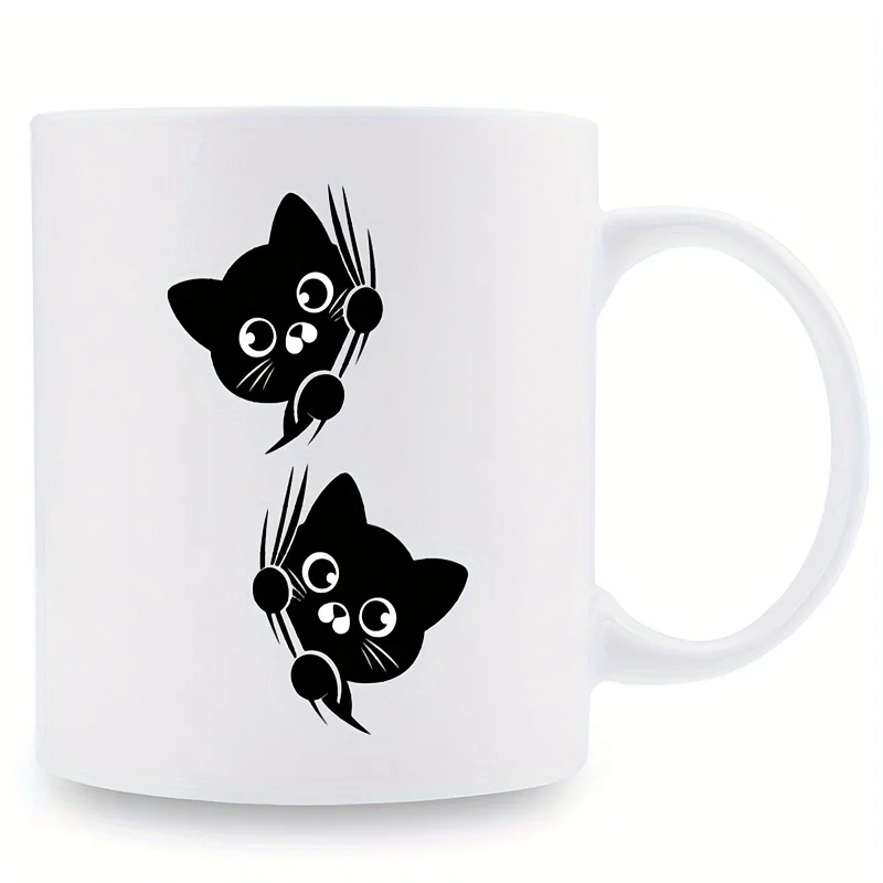 Black Cat Head Ceramic Mug - Adorable Double-Sided Cat Coffee Mug with Cat Paw Pattern Printed on the Outside, Machine Washable