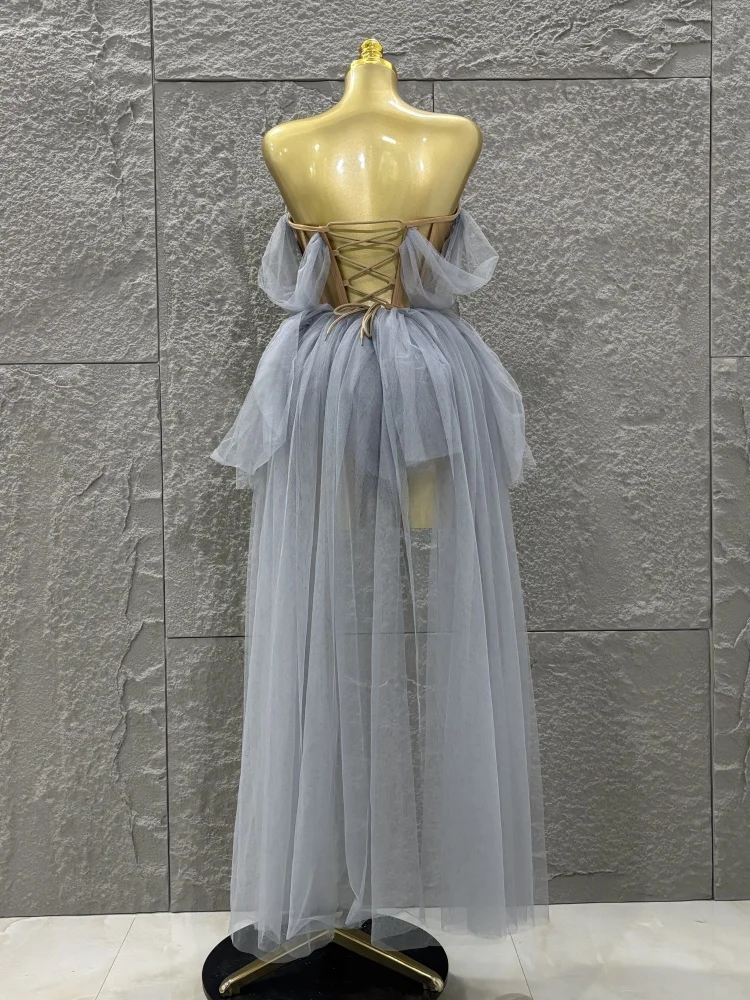 Conjunto de dos piezas de falda superior de malla con espalda descubierta, traje de actuación para Festival, fiesta de noche de cumpleaños de lujo, glamuroso y Sexy