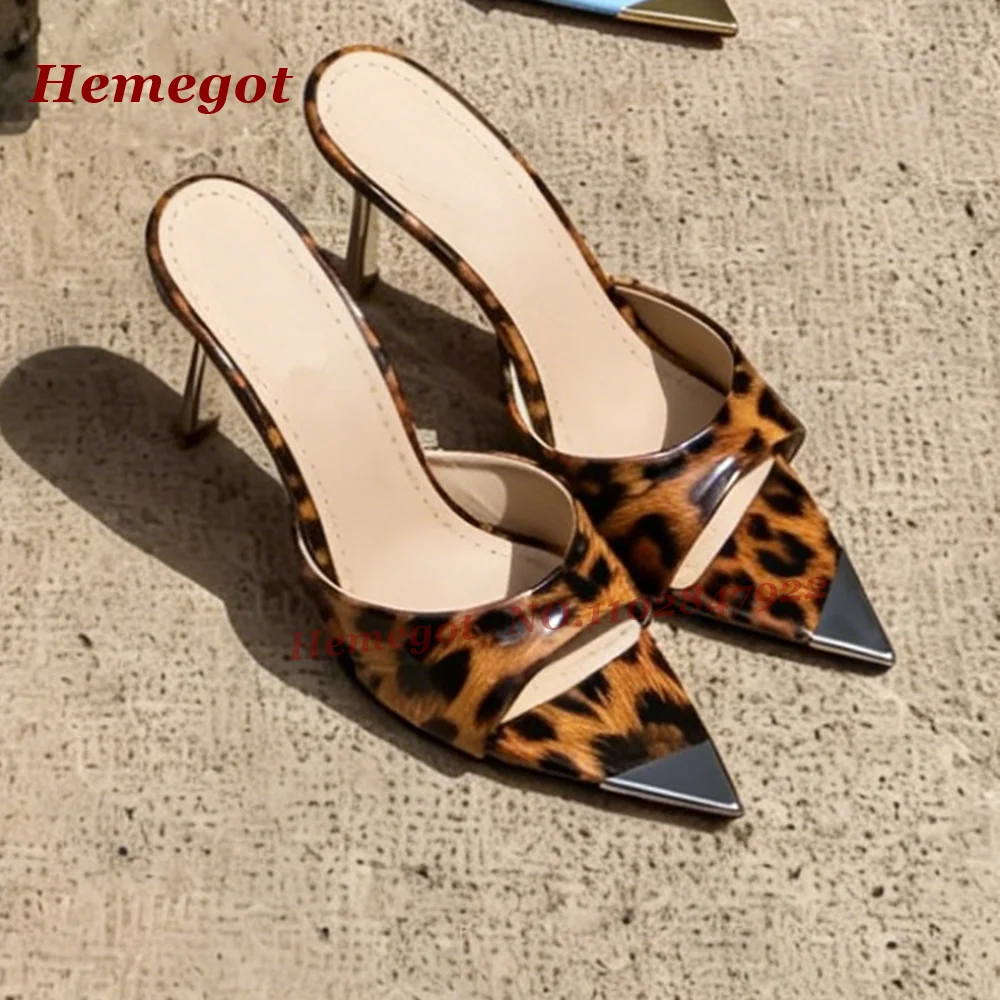 Leopard Metal Splicing Slippers Pointy Toe Stiletto High Heels Women's Slippers Outside Slip On Summer Elegant Shoes Concise