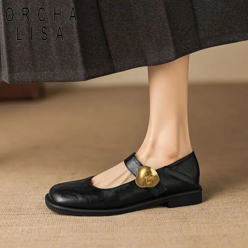 

ORCHA LISA Бежевые женские туфли без каблука с квадратным носком на липучке, большие размеры 41, 42, 43, мягкие повседневные туфли ручной работы, нескользящая обувь Мэри Джейн