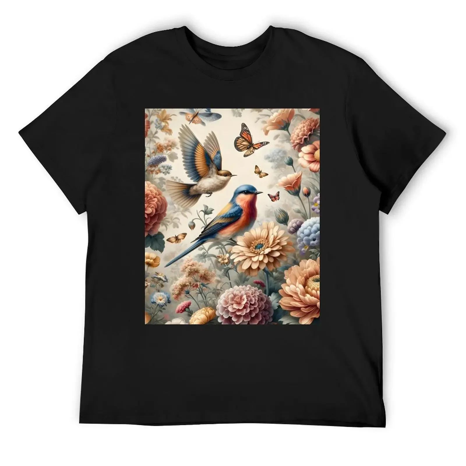 

Botanical Elegance Bird Fabric - Nature's Symphony in Bloom T-Shirt clothes luxury t-shirt summer top cotton t shirt men