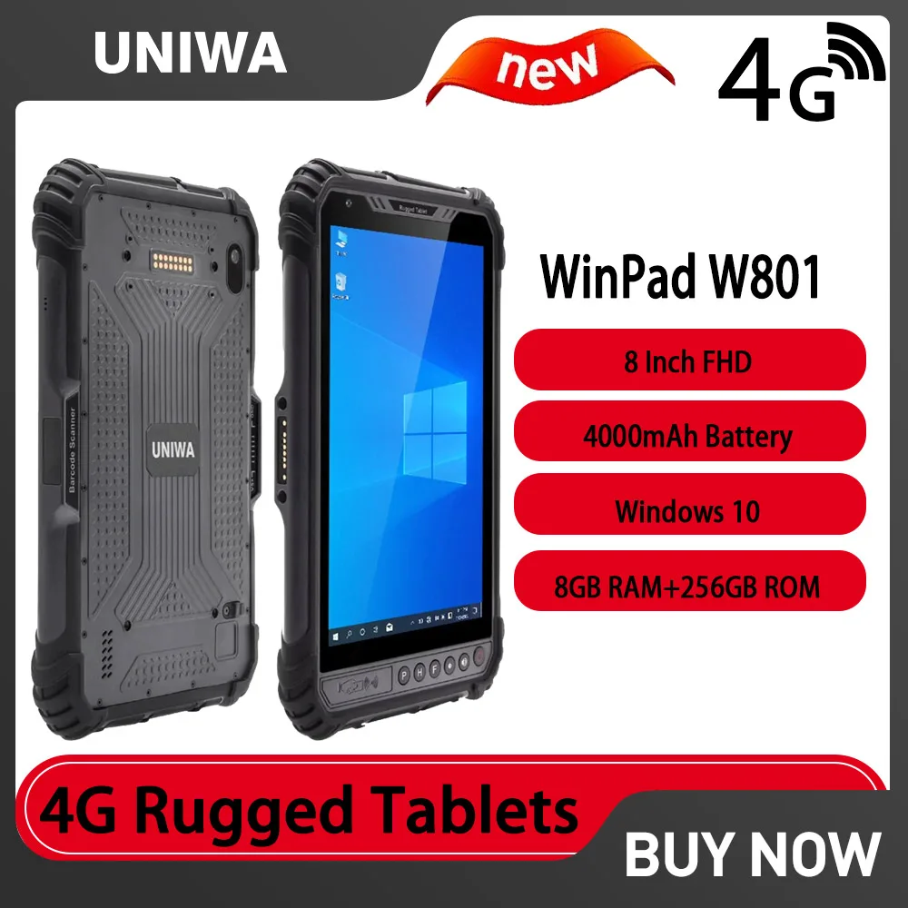 UNIWA WinPad W801 4G Rugged Tablets 8” FHD 8GB+256GB 13MP 5000mAh IP65 Industrial Windows Intel I5 Black Flatbed NFC GPS GLONASS