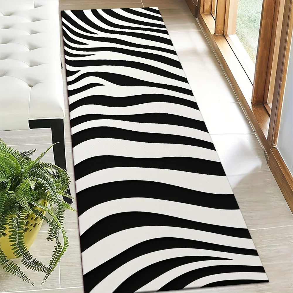 Classic Black White Zebra Wave Stripe Runner Rug, Non-Slip Rug for Kitchen, Entryway, Bathroom & Living Room Fashion Decor
