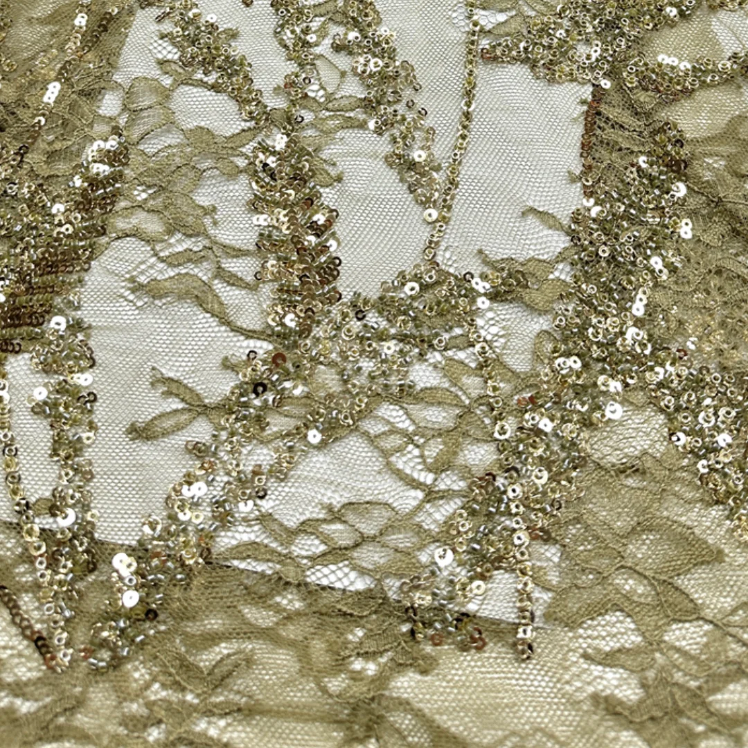 Unique Sequins Tube Beaded Embroidered Lace Fabric Lace Leafy Vines Sheer Mesh Valentine's Evening Gown Sewing Material Fabric