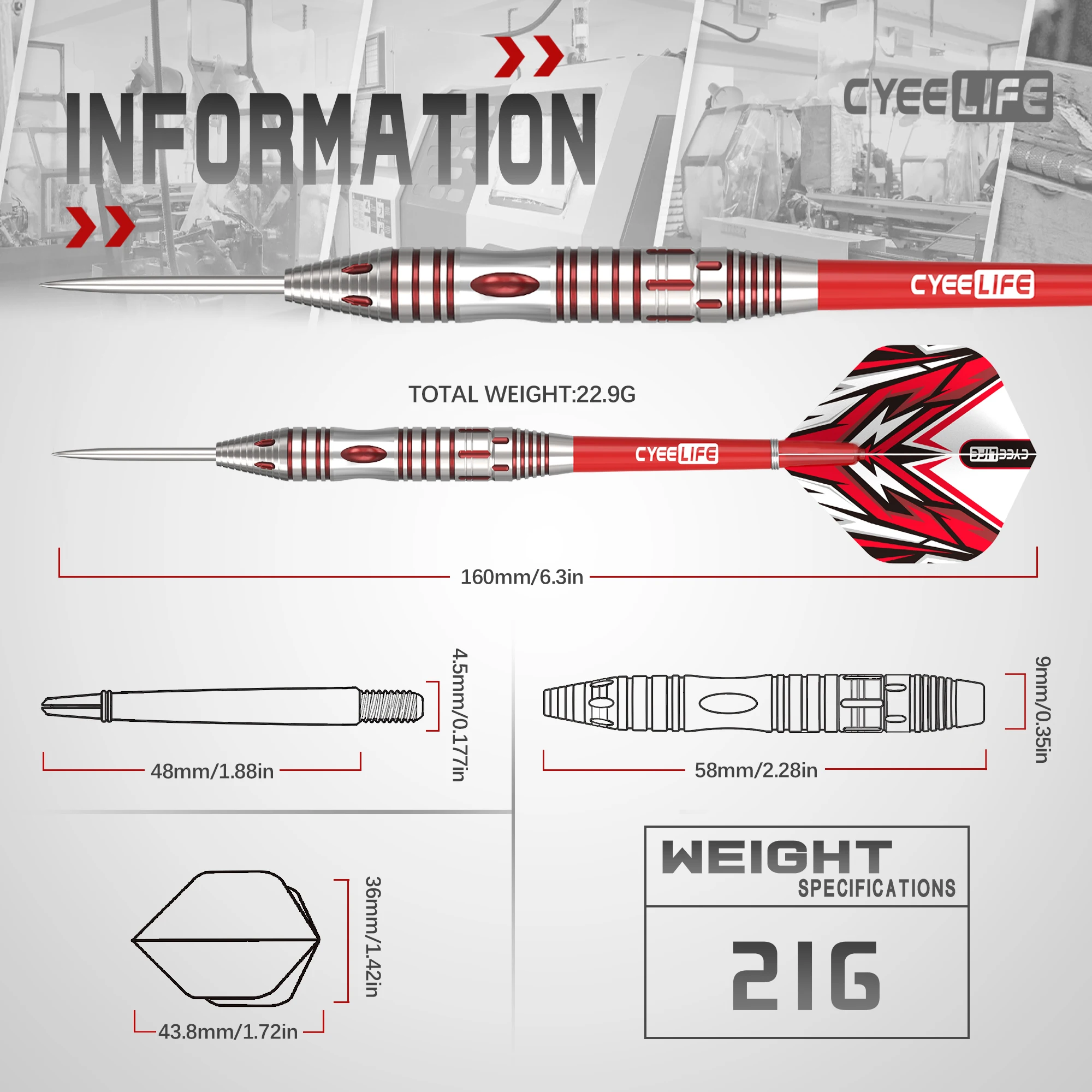 CyeeLife 3pcs/set Professional Darts Free Carry Box 23g Total Length 16cm  Steel Tip Darts With PC Shaft view 3