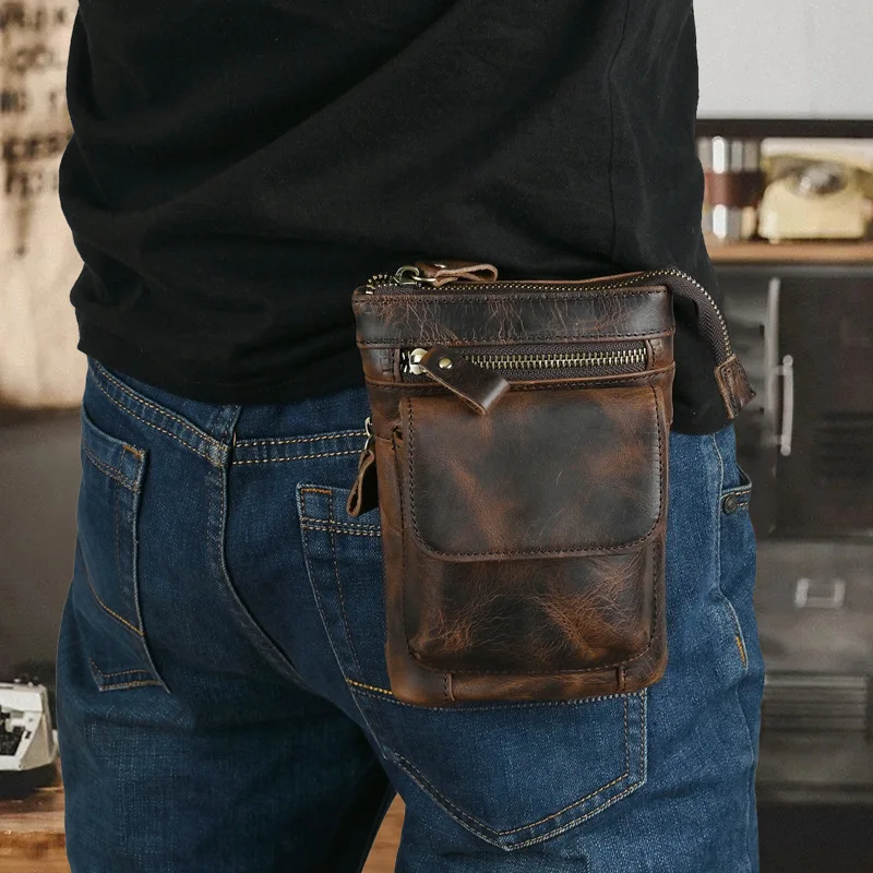Retro Crazy  Leather Men's Waist Bag Single Shoulder Slant Crossbody Leisure Male Bag Genuine Leather Sports Trendy Bag
