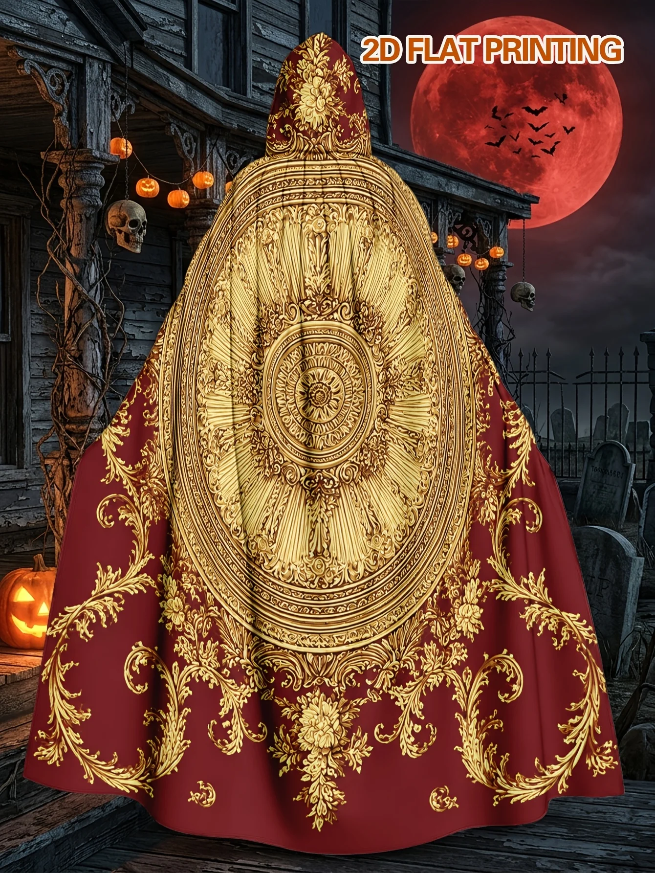 Customization 1pc Polyester Witch Robe With Ornate Golden Medallion On Burgundy Design, Ideal For Halloween And Christmas Celebr
