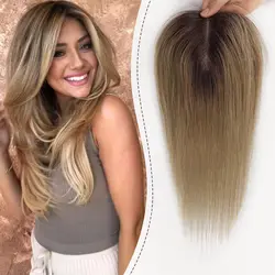 Ombre Blonde Brown 100% Remy Human Hair Toppers Silk Base Clip Pieces Hairs Topper in Hair Extension for Women Hair Loss 12inch
