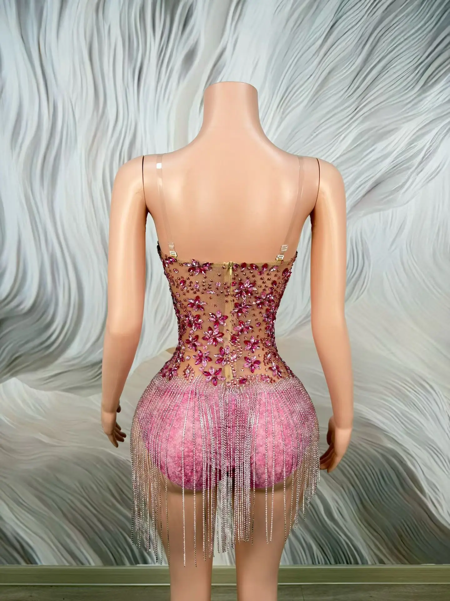 Huahai Nude Mesh Pink Rhinestone Fringe Strapless Mini Dress Formal Evening Birthday Party Nightclub Outfit for Women