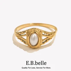 E.B.belle-anillos de perlas naturales de agua dulce para mujer, chapado en oro de 18K, textura hueca, acero inoxidable, anillo de oro libre de deslustre