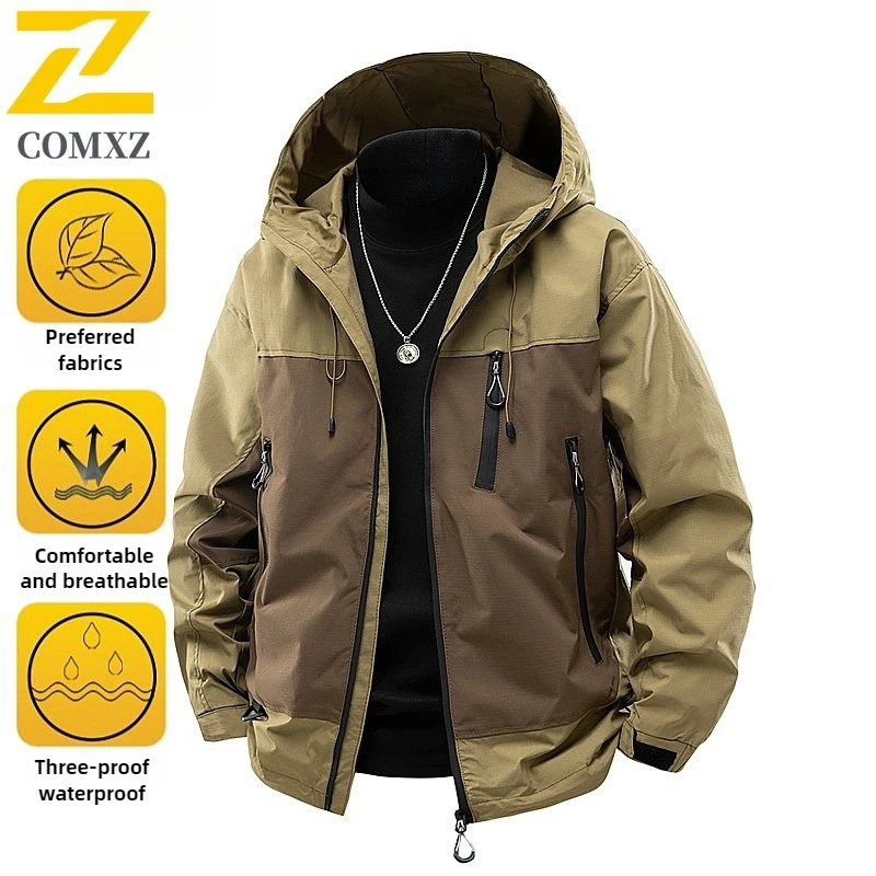 Autumn 2025 New Jacket Men's Techwear All-match Mountain Soft Case Waterproof Windbreaker Jacket Men Casual Splicing Hooded Coat