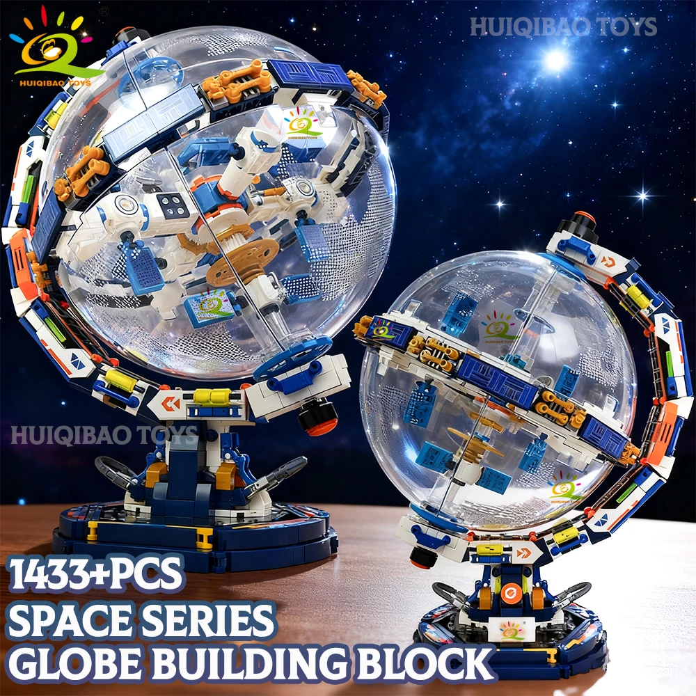HUIQIBAO DIY Space Station Transparent Globe Astronomy Model Building Blocks Technology Bricks Ornament Toys for Adult Gift