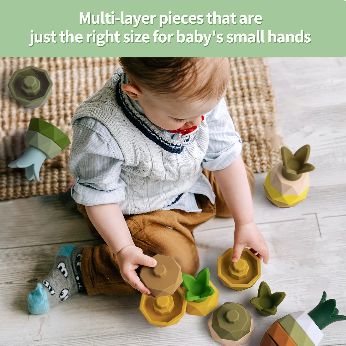 Edukacja dla dzieci w kształcie ananasa i dopasowaniu kolorów, 1 zestaw uroczych, miękkich silikonowych klocków do układania owoców dla dzieci, miękkie zabawki do układania