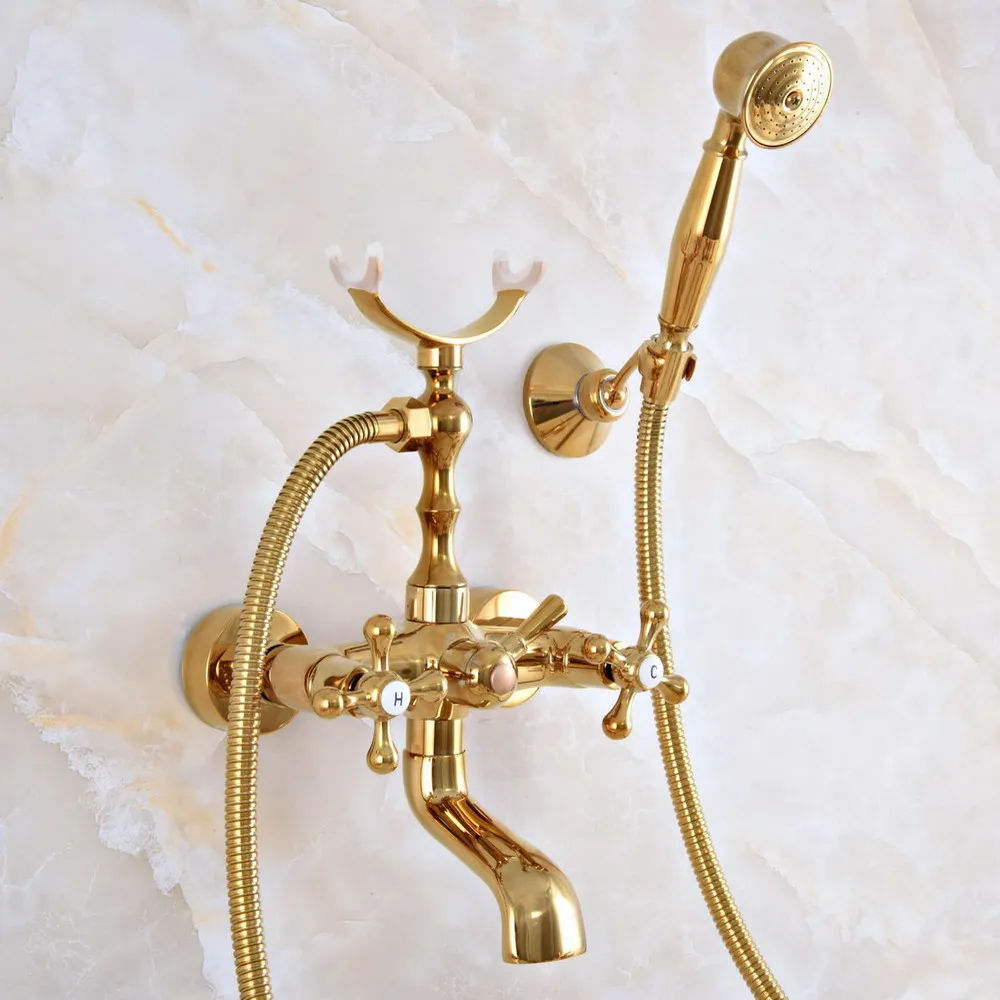 Luxury Gold Color Brass Wall Mount Bathroom Bath Tub Faucet Set WITH/ 1.5M Handheld Shower Spray Head Mixer Tap Dna914