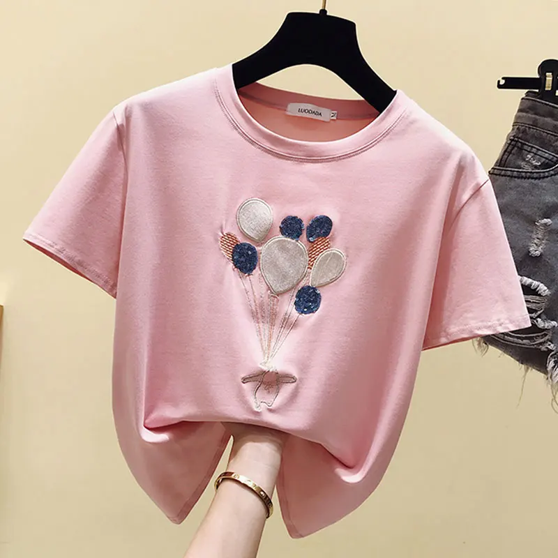 Fashion Embroidery Cotton T Shirt Women Kawaii Korean Style Tshirt O Neck Pink Short Sleeve T-shirt Tops 2020 Summer Femme Ropa