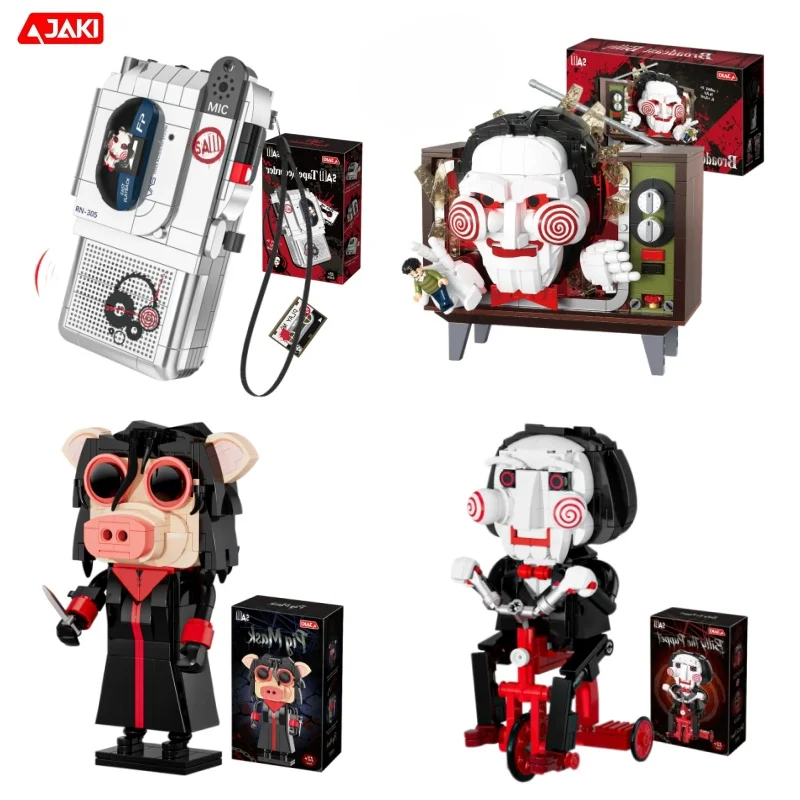 JAKI Chainsaw Massacre Series Building Blocks Billy The Puppet Pig Mask Assembly Model Salll Tape Recorder Toy Ornament Gift