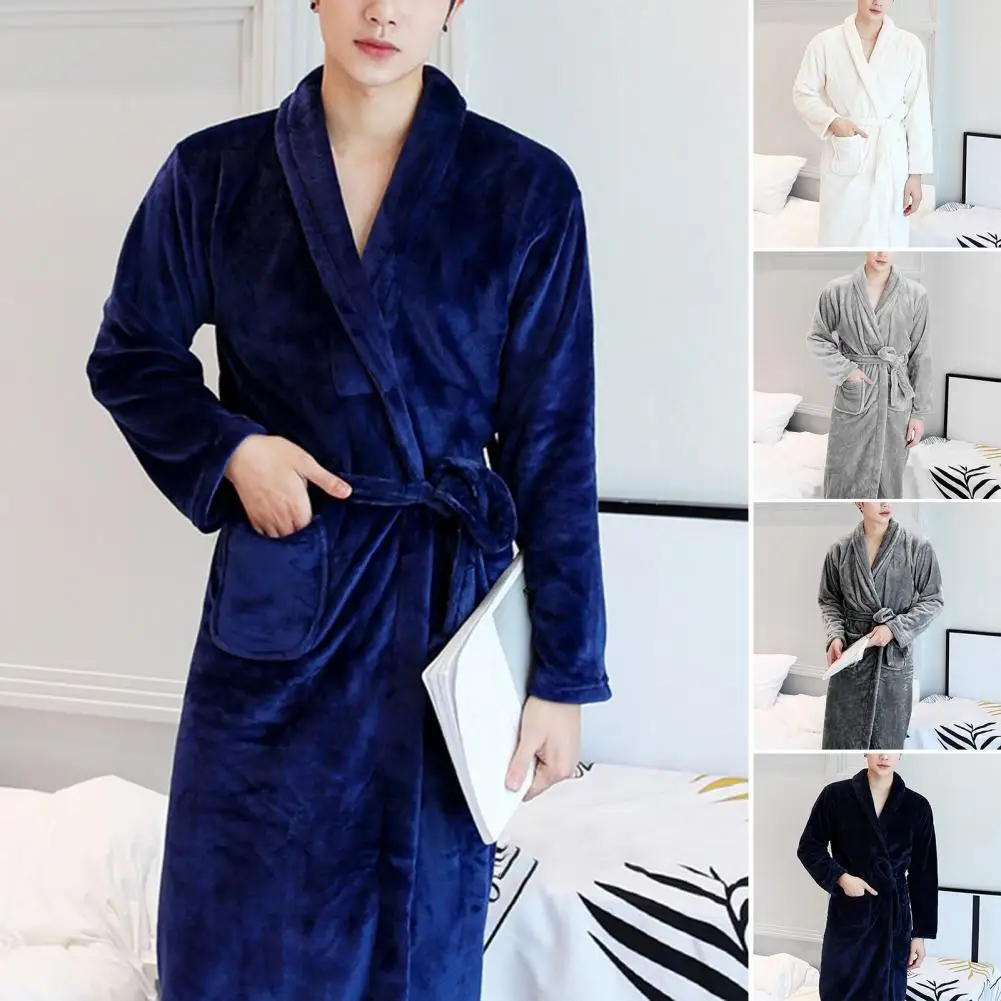 Couple Bathrobe Coral Fleece Open Stitch Solid Color Thicken Tight Waist Bathing Belt Unisex Pockets Winter Bathrobe for Bedroom