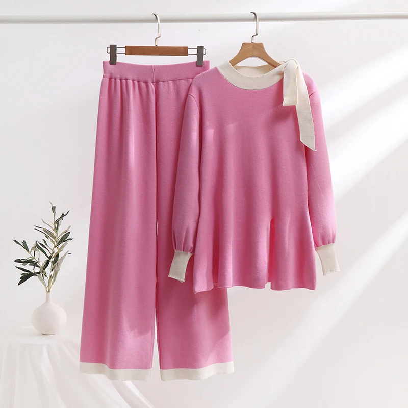 Elegant 2 Piece Winter Women Knitted Suit Casual Bandage Slit Sweater Pants Matching Sets Sexy Knit Two Piece Set For Women 2024