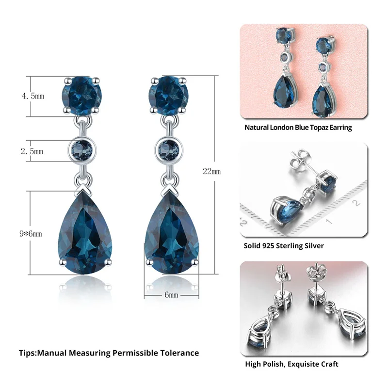 Natural Solid Silver Earring for Women 4 Carats London Blue Topaz Pear Cut Women Elegant Classic Jewelry