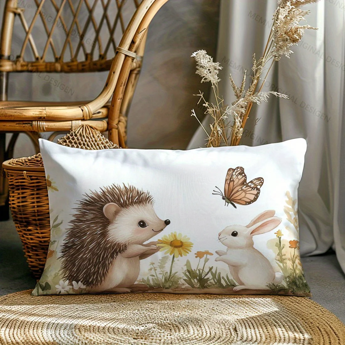 1pc Cute Hedgehog Rabbit Butterfly Print Lumbar Pillow Cover,Suitable for Sofa,Bedroom,Living Room,Sweet Gift for Animal Lovers