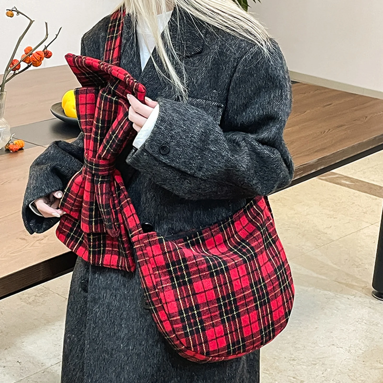 Women's Wool Blend Tote Bag with Plaid Print and Bow Design Large Capacity for Winter Commute and Daily Use