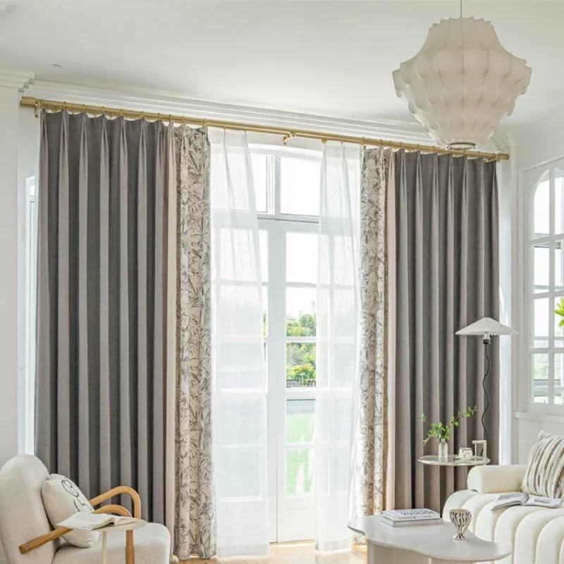 

Chenille Jacquard Curtains For Living Room Bedroom Gray Leaves Retro American Luxury French Simple Modern Splicing Window Custom