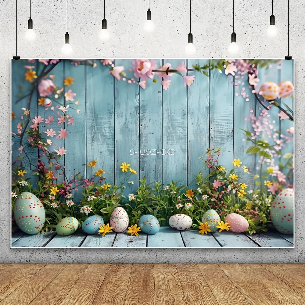 الأزرق الخشب مجلس جدار عيد الفصح خلفيات للتصوير الفوتوغرافي عيد الفصح البيض الملونة الربيع زهرة الطفل صورة خلفية صور استوديو الدعائم