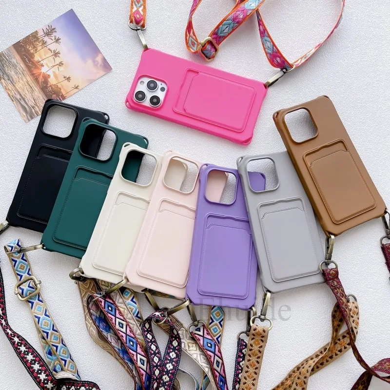 Crossbody Strap Case For iPhone 14 12 13 Mini 11 Pro Max X XR XS 7 8 15 Plus Vintage Lanyard Neck Silicon Wallet Card Slot Cover