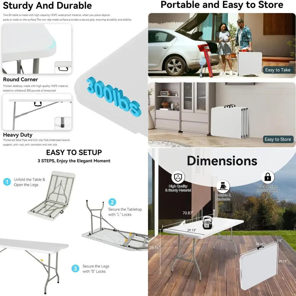 

6-Piece Folding Tables with Handle & Steel Legs - Heavy Duty Portable for Parties, Dining, Weddings, Outdoors & Camping (White,