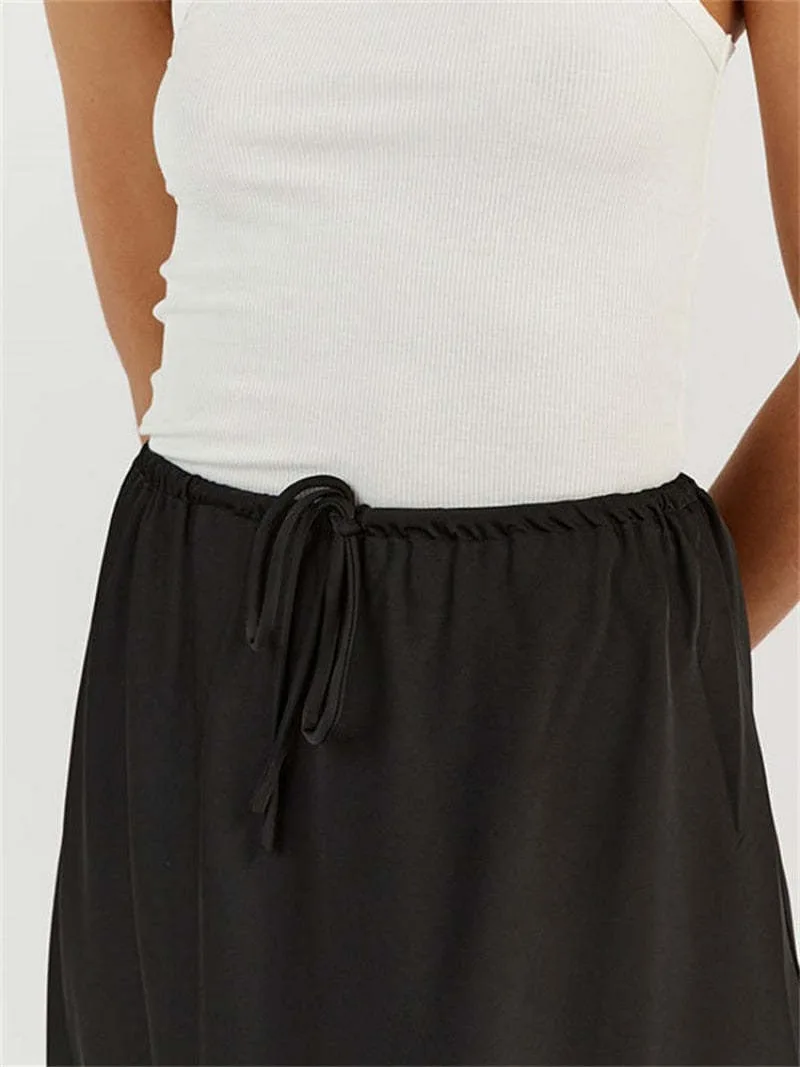 2026 Spring Summer Solid Color Satin Long Skirt For Women High Waist Lace-Up Fashion Elegant Faldas Light Luxury Women's Skirt