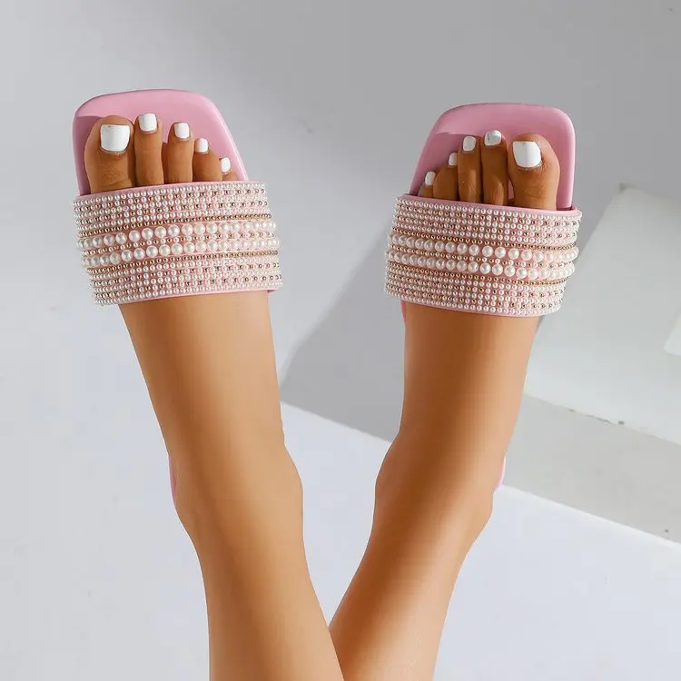 Damen-Sandalen mit flachem Boden, 2025, Sommer, neuer Stil, Perlen-Strass-Schuhe, Damen-Outdoor-Mode-Hausschuhe – Detail 31