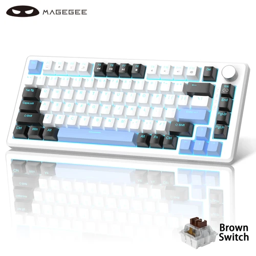 MageGee 75% Teclado mecánico para jugar con mando, teclado compacto retroiluminado azul con cable, interruptores negros/marrones para PCWindows