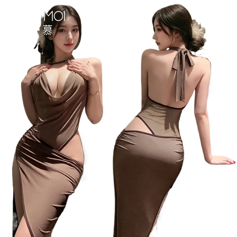 

Японское облегающее платье-униформа с глубоким V-образным вырезом, костюм для косплея, женская юбка с открытой спиной, облегающая бедра, эротическая одежда, сексуальный комплект нижнего белья