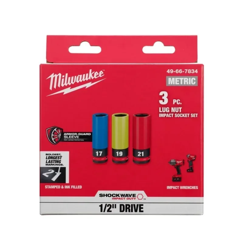 Milwaukee 3 PC. SHOCKWAVE Impact Duty 1/2 Inch Drive Metric Lug Nut Wheel Socket Power Tool Impact Wrench Accessories 49-66-7834