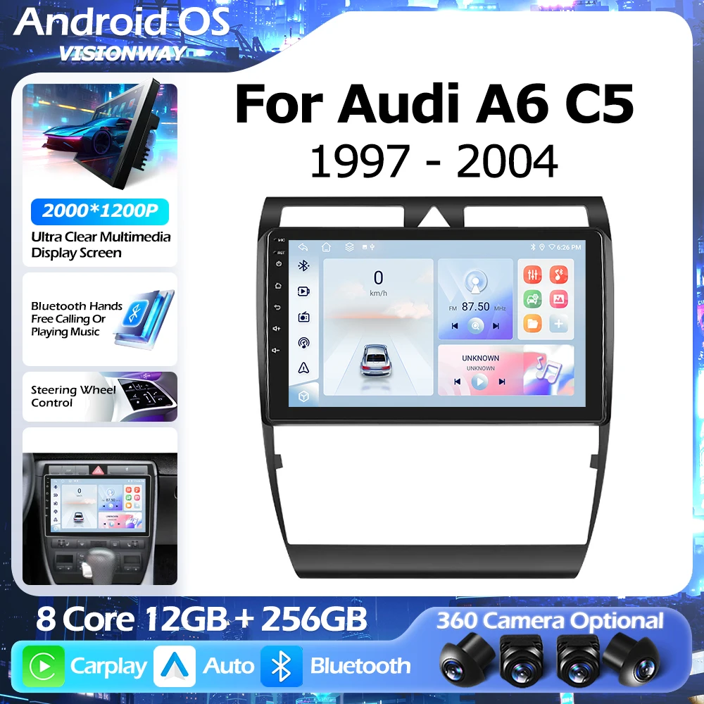 

Android 16 QLED 2000*1200P для Audi A6 C5 1997-2004 GPS-навигация Мультимедийный плеер Bluetooth Беспроводной CarPlay Auto 4G WIFI DSP